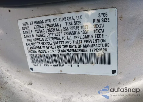 2006 Honda Odyssey Ex-L from USA, damaged, VIN 5FNRL38706B085868